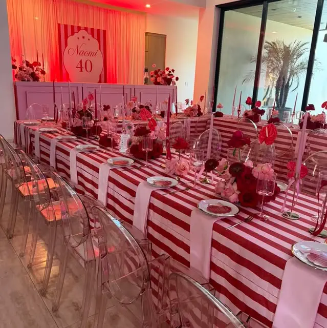 Mesas imperiales con caminos de mesa rayados en rojo y blanco, sillas transparentes y arreglos de rosas rojas y rosas